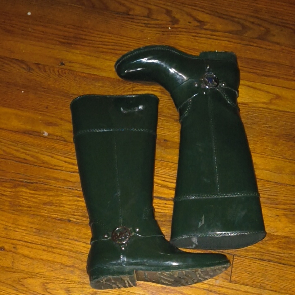 Michael Kors Dark Green Patent Tall Rain Boots with Medallion